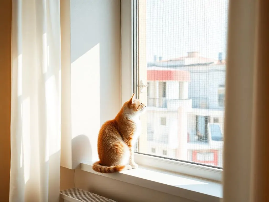 Gato olhando pela janela protegida com rede de proteção discreta.