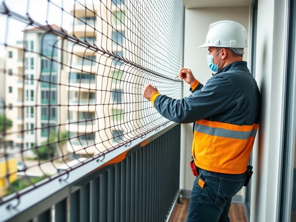 Técnico da Poder Absoluto instalando rede de proteção em sacada de apartamento com acabamento profissional.