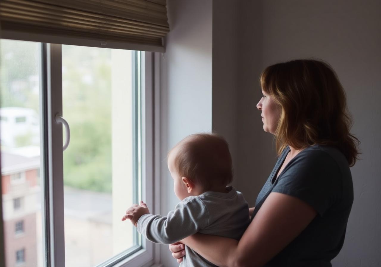 Mãe com seu filho pequeno no colo perto de janela aberta de apartamento sem rede de proteção, ilustrando o risco diário enfrentado pelas famílias.